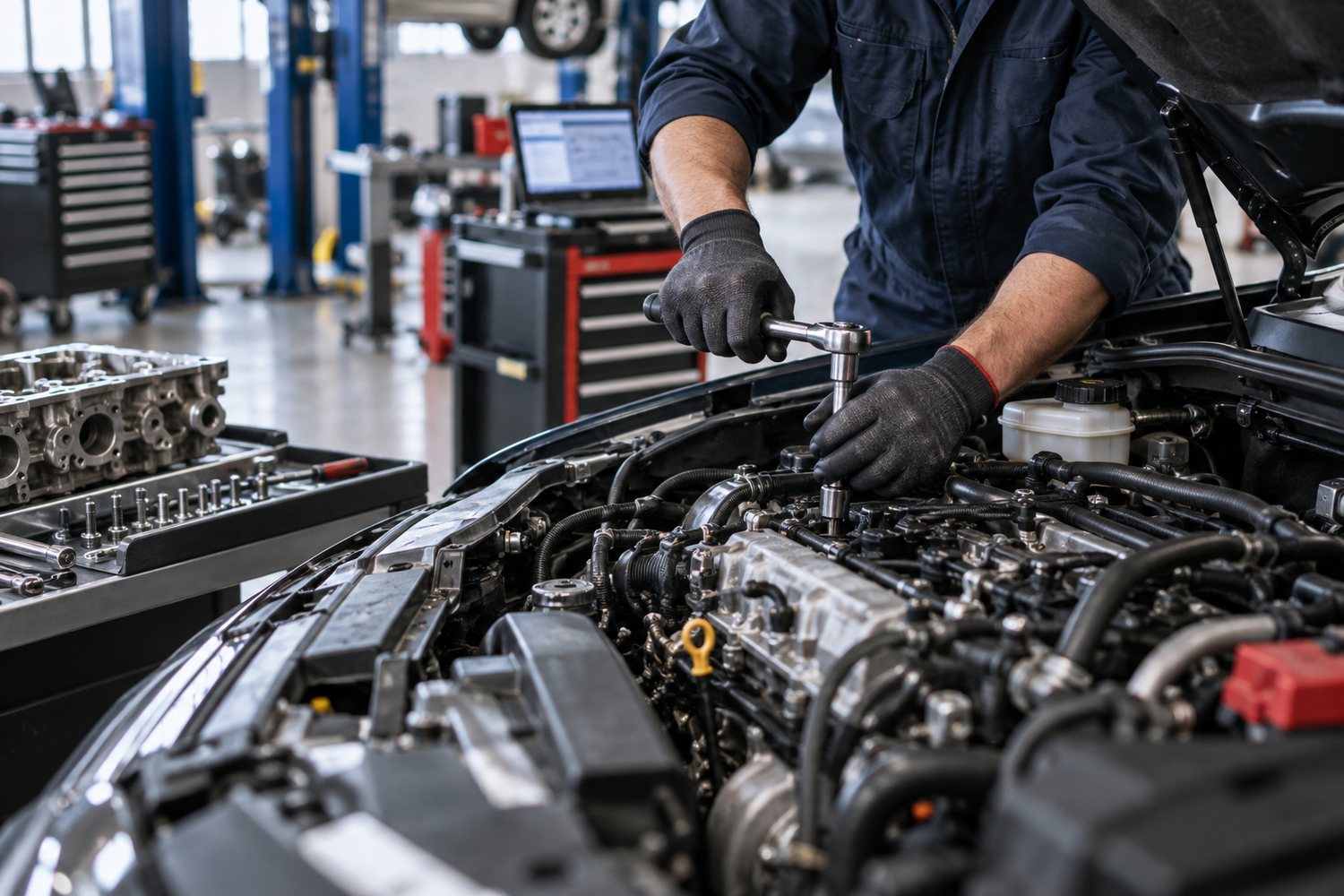 Tecnico al lavoro su motore